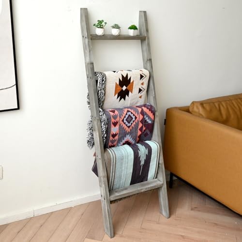 FUIN Blanket Ladder, 5ft Rectangle Rung Rustic Solid Wood Decor Rack, Grey - Image 2