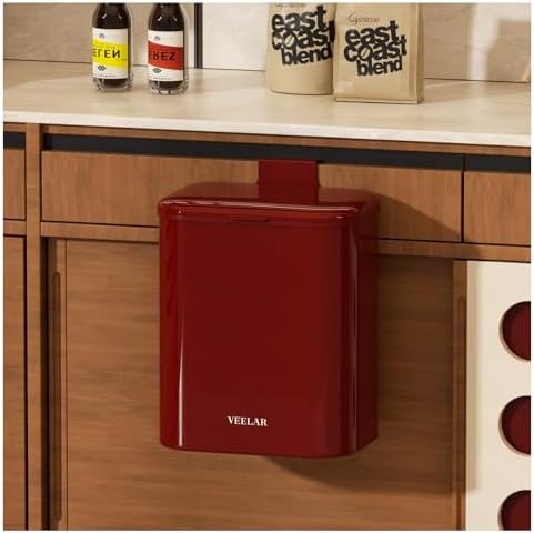 Hanging Stainless Steel Trash Can, 1.6 Gallon /6L Small Compost Bin for Kitchen Cabinet, Bathroom and Office (Red) by VEELAR