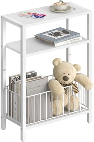 Narrow Side Table with Storage Basket Small End Table for Small Space,White by Yoobure