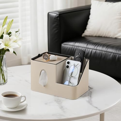 PU Leather Square Tissue Box Cover with Magnetic Closure, Tissue Holder with Storage Tray & Remote Control Organizer, for Nightstand, Living Room, Bathroom, Office Desk (Beige) - Image 3