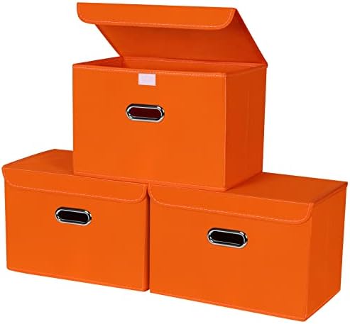 STOREONE Fabric Storage Cube Bins Foldable Organizer Container Collapsible Basket with Lids and Metal Handles, for Home, Bedroom, Closet 3 Pcs (Orange) by STOREONE