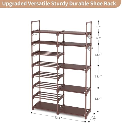 ROJASOP Shoe Rack Organizer, 8-Tier Metal Shoe Rack for Closet Entryway Garage, 26-32 Pairs Tall Shoe Boot Storage Shelf with 15 Hooks, Stackable Large Shoe Stand, Brown - Image 3