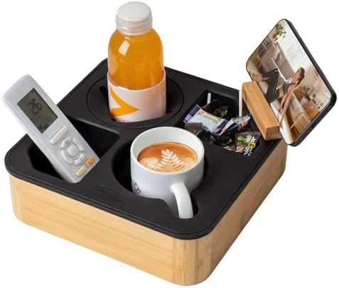 Couch Cup Holder Tray, Bamboo Couch Caddy with Rotatable Phone Holder for Bed Organizer, Waterproof Anti-spill Sofa Cup Holder for Snacks Beverage Remote Black by Hitseon