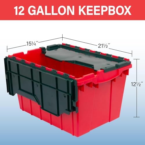 Akro-Mils 66486RDGRN 12-Gallon Plastic Stackable Storage KeepBox Tote Container with Attached Hinged Lid, 21-1/2-Inch x 15-Inch x 12-1/2-Inch, Red/Green - Image 3