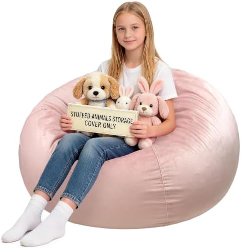 Lukeight Stuffed Animal Storage Bean Bag Chair Cover for Teens, Velvet Plush Toy Organizer Seat, Cover Only, No Filling Included, Long YKK Zipper, Side Pocket, XX-Large 36"D x 20"H by Lukeight