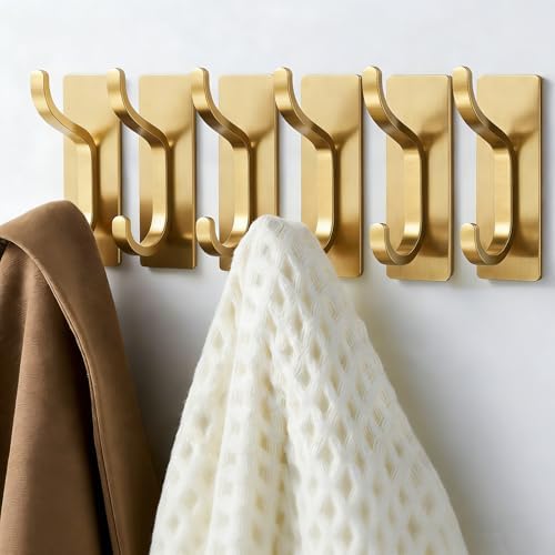 Adhesive Wall Hooks for Towel/Coat,13Lb Strong Stick-On Hooks, Gold 6 Pack by pickpiff