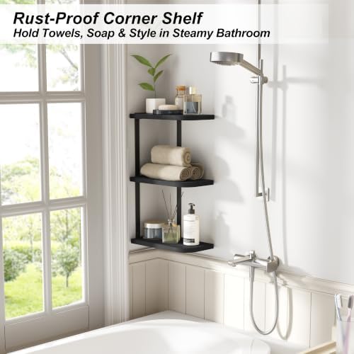 Love-KANKEI Corner Wall Shelf 3 Tier,Solid Wood with Bracket,17" Tall,Black - Image 5