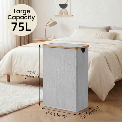 efluky Slim Laundry Hamper with Lid and Removable Bag, 75L Light Grey - Image 3