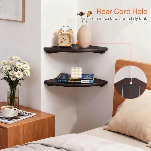 Gieanoo Floating Corner Shelves Set 2 10inch Walnut Solid Oak Rounded Corner Shelves Wall Mounted with Cable Hole Wood Corner Hanging Shelves for Living Room Bedroom Bathroom Kitchen - Image 5