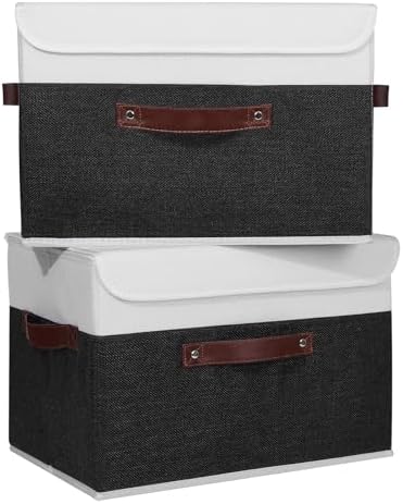 ANMINY Fabric Storage Box Bins with Lids, Black White, 15"x10"x10", 2 Pack by ANMINY