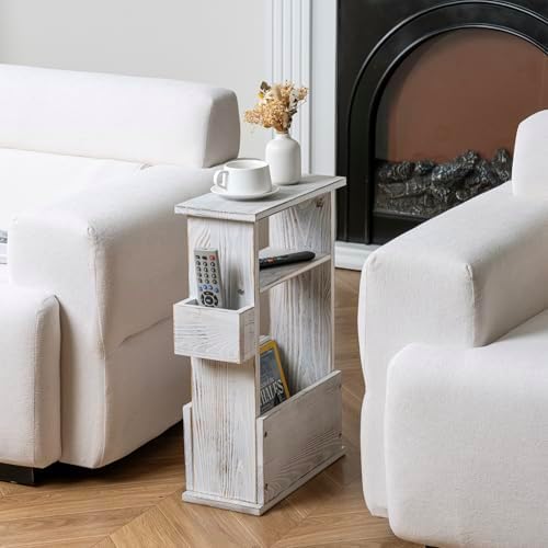 MyGift Wide Side Table, Slim End Sofa Table in Whitewashed Wood with Storage Shelf, Magazine and Remote Holder, Narrow Side Table - Image 2