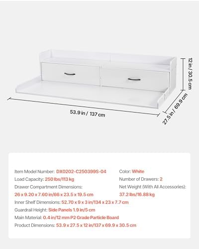 VEVOR 2 Drawers Washer Dryer Countertop with Shelf, 54" x 27" Wooden Laundry Countertop with 2 Hooks & Splicing Panels, Washer and Dryer Topper, Laundry Room Organization and Storage, White - Image 7