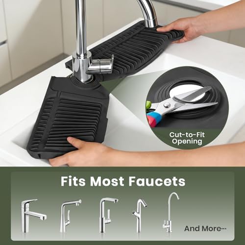 2PCS 24 Inch Faucet Mat for Kitchen Sink, Silicone Splash Guard for Kitchen Sink Area, 7° Slope Fast Self-Draining Sink Mat, Cuttable Hole Design, Sink Backsplash Guard Draining Mat, Black - Image 6