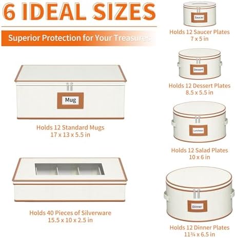 Aokeyee 6-Piece China Storage Containers Set, Hard Shell Moving Boxes for Dishes, Plates, Mugs & Flatware – Dinnerware Organizer with Soft Felt Dividers, Sturdy Handles & Zippers, Ivory - Image 2