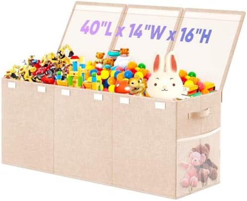 Large Toy Storage Box with Lid, Dividers, Collapsible Kids Toy Chest, Beige by Rocamdo