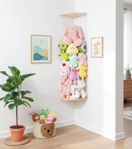 Wooden Stuffed Animal Storage Corner, Height Adjustable Plush Toy Organizer, Wall Mount Stuffed Animal Holder for Kids Room Playroom Nursery - Image 6