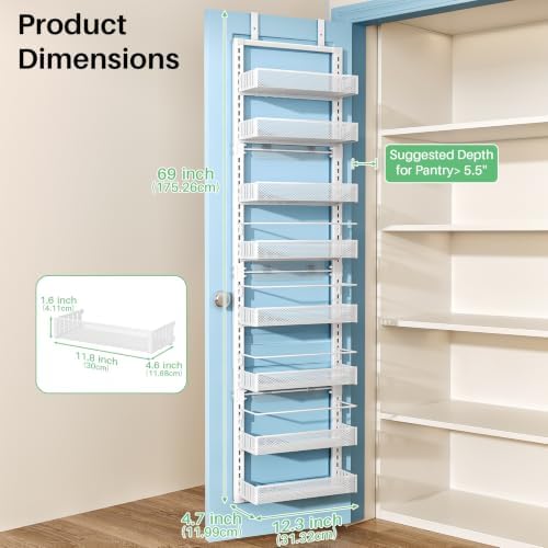 SNTD 8 Tiers Narrow Over the Door Organizer, 12.3"W x 4.7"D x 69"H, White - Image 2