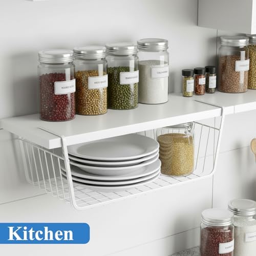 6 Pack Under Shelf Basket, Slide in Wire Hanging Storage Baskets, Slides Under Wire Shelves, Undershelf Hanging Storage Bin Basket for Kitchen, Pantry, Counter, Desk Bookshelf (White) - Image 6