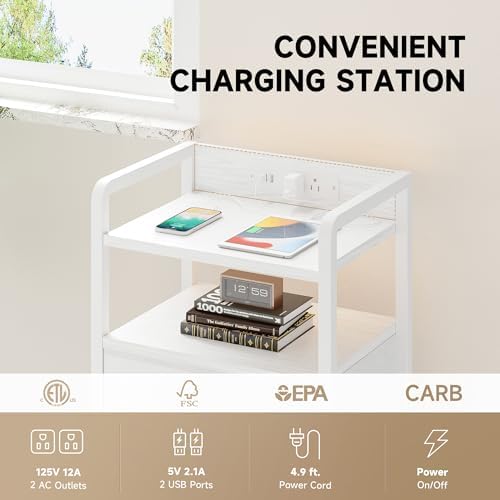 Lazzanto Nightstand with Rear Charging Station, LED Light, 4 Drawers, White - Image 5