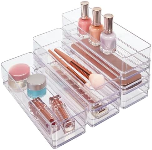 STORi SimpleSort 6-Piece Stackable Clear Drawer Organizer Set | 9" x 3" x 2" Rectangle Trays | Narrow Makeup Vanity Storage Bins and Office Desk Drawer Dividers | Made in USA by STORi