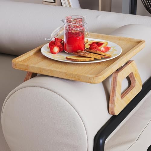 Couch Arm Tray,Bamboo Folding Sofa Tray,Sofa Armrest Trays Clip-On Couch Desk for Drinks,Snacks,Phone,Remote Control（Natural） - Image 3