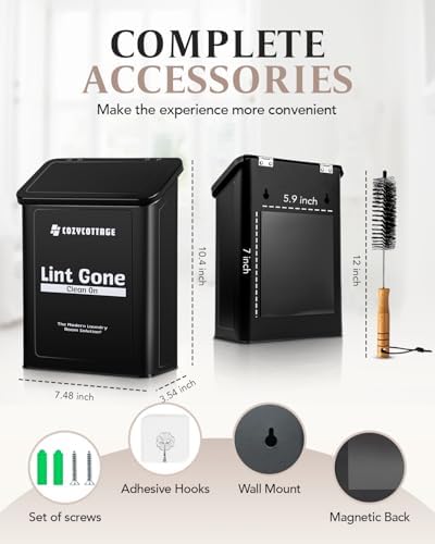 COZYCOTTAGE Magnetic Lint Bin for Laundry Room Organization and Storage With Brush & Hooks - Wall Mounted Dryer Lint Trash Can for Laundry Room Decor (Black) - Image 2