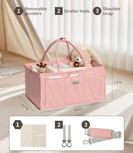 Pink Diaper Caddy Organizer – Portable Storage Basket with Shoulder Strap & Stroller Hooks, Splashproof Quilted Nursery & Car Tote for Baby Girl Shower Gift, Baby Registry, Blush Pink - Image 5