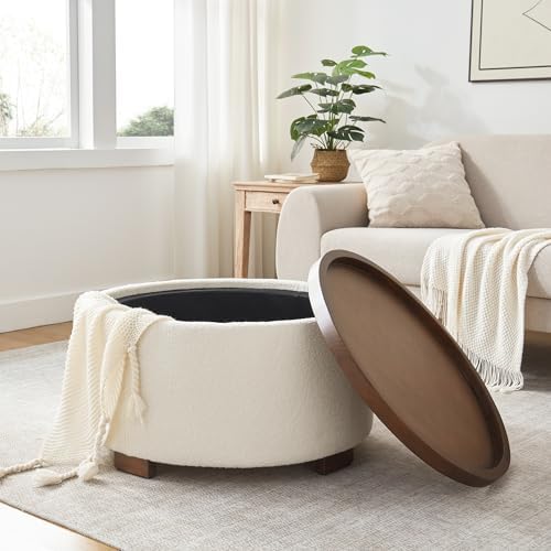 Zihanhome 30 Inch Round Storage Ottoman, Ottoman Coffee Table with Lift Off Lid, Boucle Modern Ottomans with Storage for Living Room, Bedroom, Apartments (Beige) - Image 3