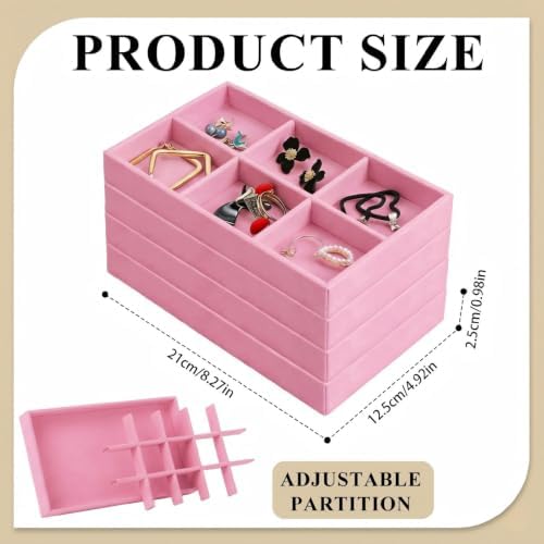 24 Pack Velvet Jewelry Trays Stackable Jewelry Organizer Trays Drawer Inserts Divided Storage Containers for Rings Earrings Jewelry Display (Pink) - Image 2