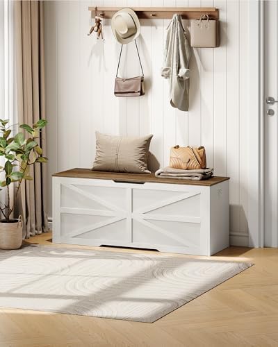 CHOEZON Storage Chest, 47.2" Wooden Storage Trunk, Modern Storage Bench with Safety Hinge, Toy Box, Farmhouse Style, for Bedroom, Living Room, Walnut and White MCW16WL - Image 4