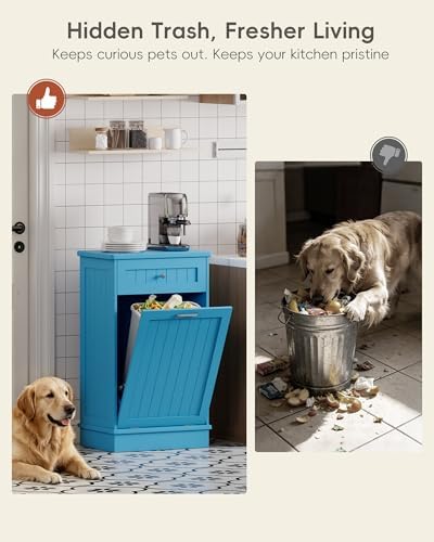 Betterhood 10 Gallon Tilt Out Trash Cabinet with Big Storage Drawer, Solid Wooden Trash Garbage Can Cabinet, Mid-Century Modern Recycling Cabinet & Laundry Sorter for Kitchen Dining Room, Light Blue - Image 4