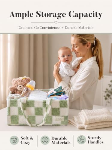 Baby Diaper Caddy Organizer with Waterproof Changing Pad, Checkered Green - Image 2