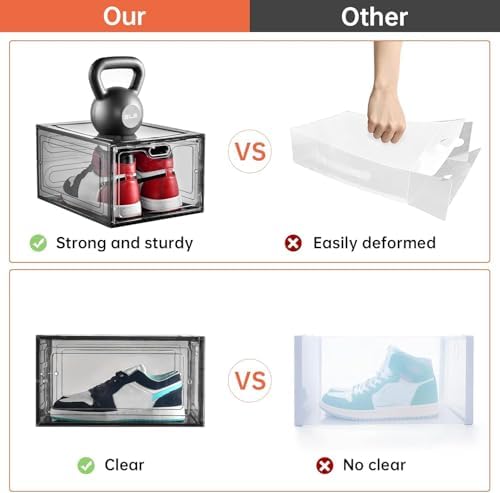 INSTY 12 Pack Gray Transparent Shoe Storage Organizer, Stackable Shoe Boxes for Closet, Drop Front Plastic Shoe Box with Grey Door, Easy to Assemble, Fit up US Size 12(13.4”x 9.8”x 7.1”) - Image 4