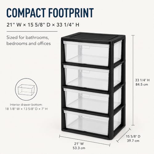 4 Drawer Storage Organizer, Wide Clear Plastic 4 Tier Drawer Unit (Black) - Image 2