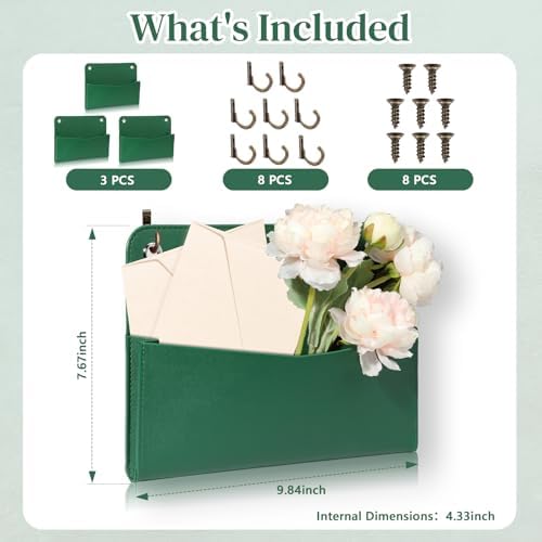 3 PCS Wall Mount PU Leather Mail Holder Green Faux Leather Letter Holder Stylish Wall Hanging Mail Storage 2 Ring Wall Mail Organizer for Flowers Envelope Key Notebooks Home Office Decor - Image 2