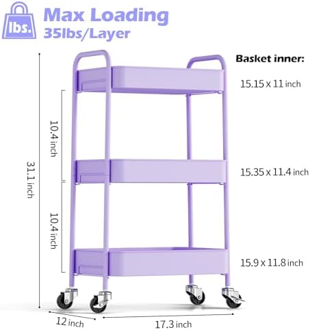 TOOLF 3 Tier Metal Rolling Cart, Utility Storage Cart with Wheels, Purple - Image 2