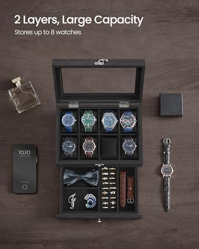 SONGMICS 8-Slot Wooden Watch Box, Display Case with Large Glass Lid - Image 3