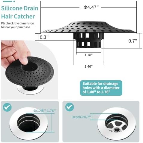 Aluvor Shower Hair Drain Catcher, Silicone Bathtub Drain Hair Catcher Strainer, All-in-one Tub Hair Catcher Drain Protector for 1.48'' to 1.76'' Regular Drains, 3PCS/Black - Image 5