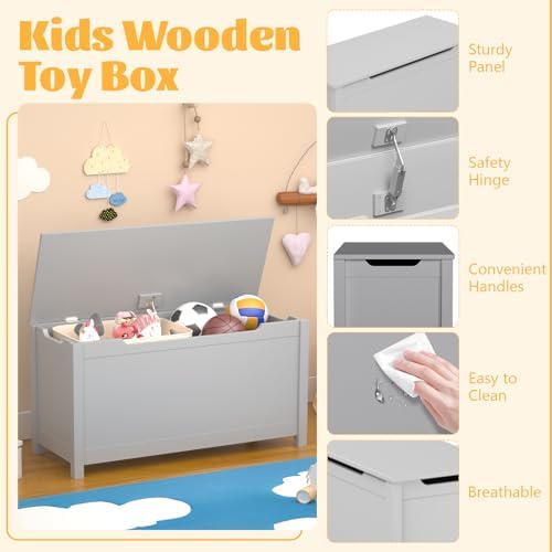 Kids Toy Box Chest, Large Wooden Storage Trunk Bench with Safety Hinged Lid for Ages 3+, Grey - Image 4