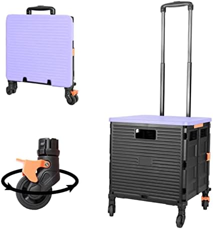 Quick Utility Cart Folding Portable Rolling Crate Handcart with Durable Heavy Duty Plastic Telescoping Handle Collapsible 4 Rotate Wheels for Travel Shopping Moving Luggage Office Use by FELICON