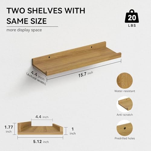 Boswillon Floating Shelves Set of 2, Small Wall Shelf with Lip, 16in, Oak - Image 3