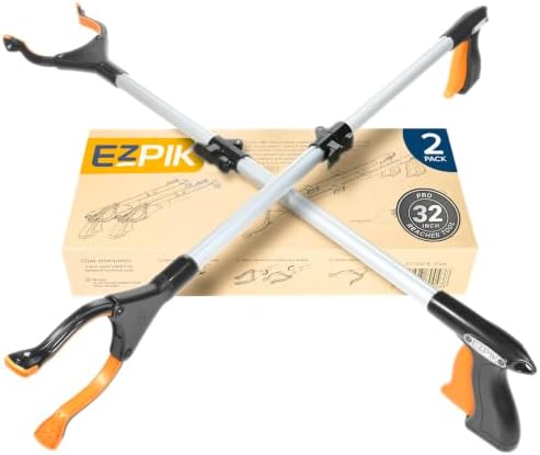 EZPIK® Grip Aid Tool Grabber Reacher + Magnets - Grabbers for Seniors, Trash Picker Upper Grabber - Trash Grabber Tool- Reacher Grabber Pickup Tool (Silver, 32″ (Pack of 2)) by EZPIK