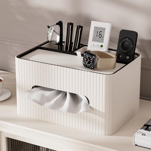 KINGFOM Leather Tissue Box Cover with Storage Tray, Decorative Tissue Box Holder Organizer for Office Desk, Bedroom & Nightstand, Remote Control Holder for Perfume, Watch, Glasses, Pens (Ivory White) - Image 6