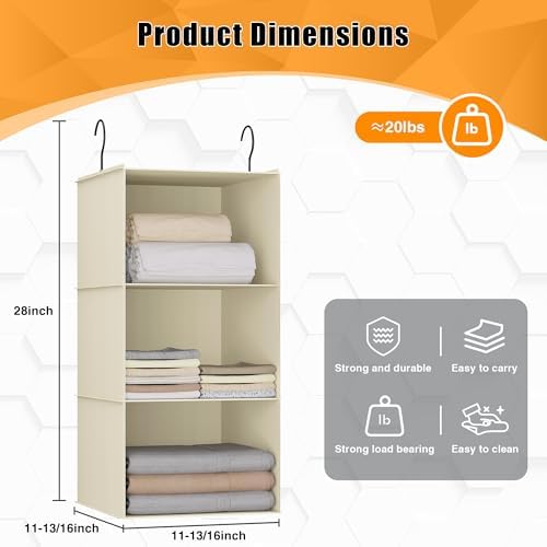 Hanging Closet Organizer 3-Shelf, Oxford Fabric Wardrobe Storage, Beige - Image 3