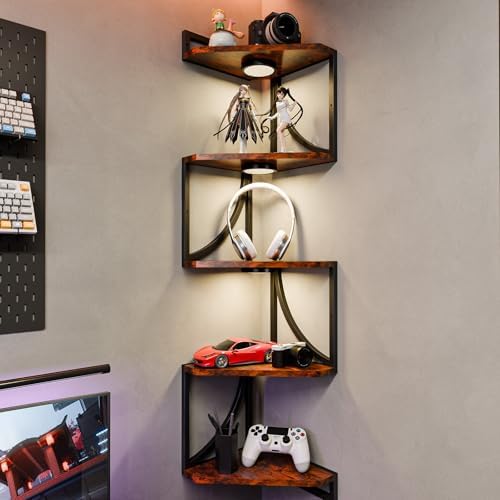 HAAYOT Corner Shelf Wall Mounted with Lights, 5-Tier Floating Metal Shelves for Living Room, Bedroom, Rustic Brown - Image 6