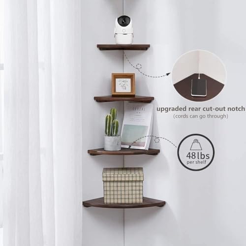 Corner Shelf, Solid Oak Wood Floating Corner Shelf Wall Mount Round End Floating Speaker with Wire Hole for Small Plant Photo for Bedroom Kitchen, Living Room Walnut - Image 4