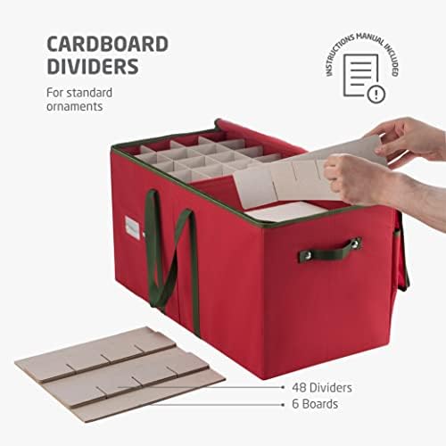 ZOBER Large Christmas Ornament Storage Box - Stores 128 3" Ornaments, With Dividers - Ornament Organizer Storage Box, Durable Christmas Containers Holder - Extra Pockets, Dual Zipper - Red - Image 3