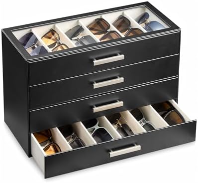 ProCase Sunglasses Organizer Box with Clear Glass Lid, PU Leather Eyeglass Storage Display Case for Men and Women by ProCase