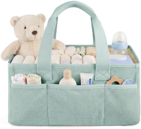 Baby Diaper Caddy Organizer with Portable Changing Mat-Portable Baby Organizers and Storage, Gift for Baby Shower, Corduroy Baby Essentials Organizer with Removable Dividers (Green) by Unknown