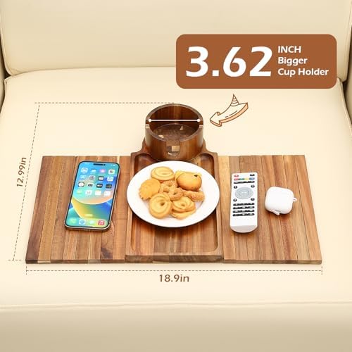 GHKINMAL Couch Cup Holder Tray,Sofa Arm Tray, Fits 6.3"+Wide,Acacia Wood - Image 5